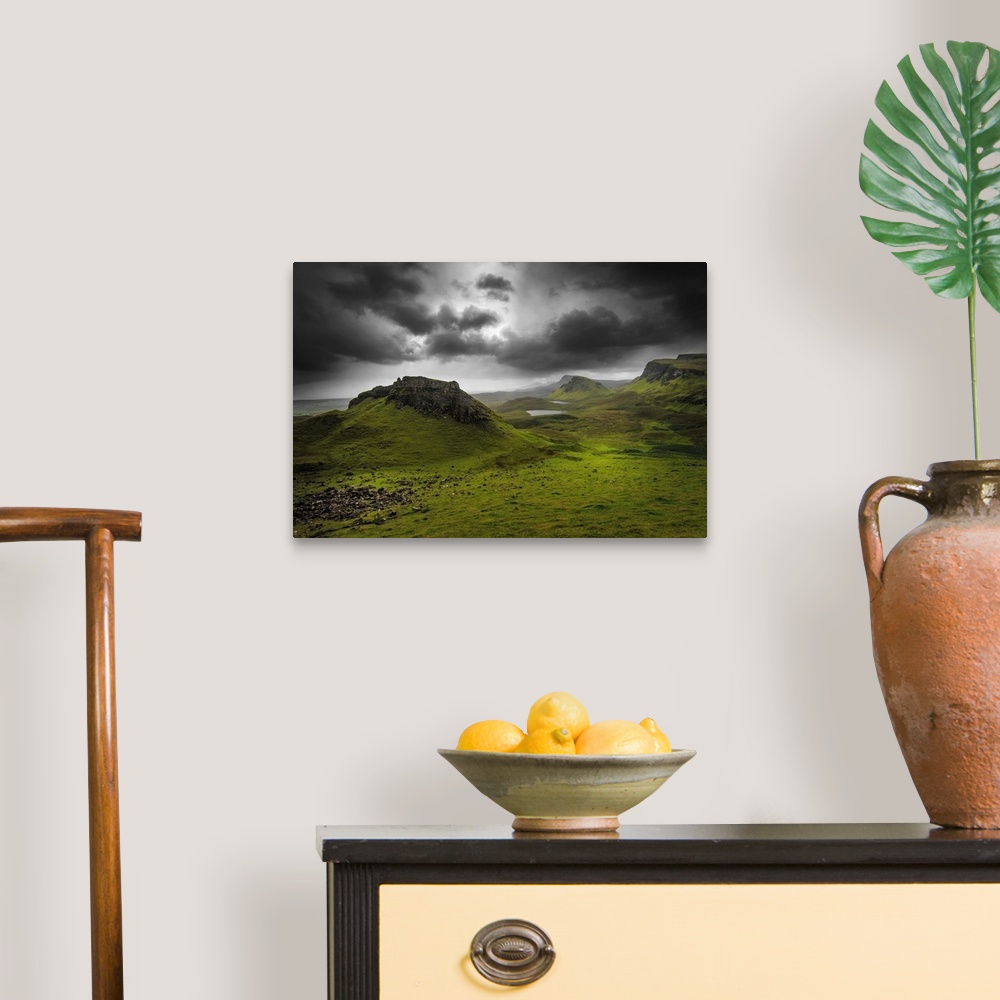 A traditional room featuring Fine art photo of a misty valley full of large rocky outcroppings.