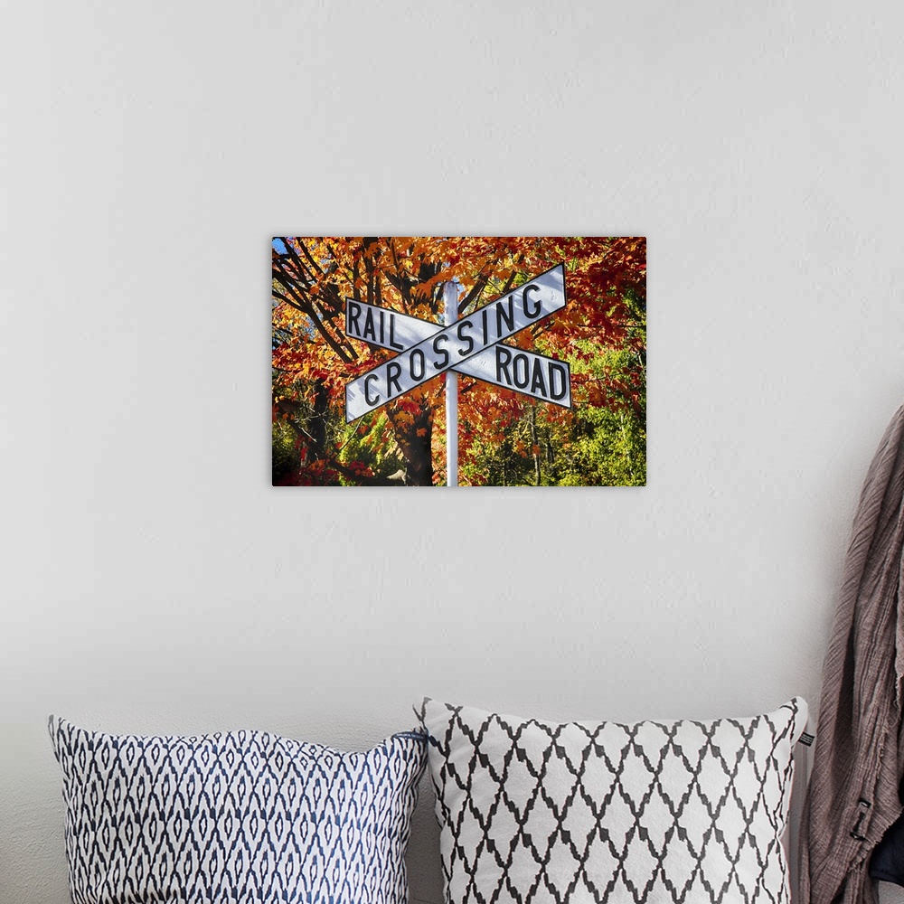 A bohemian room featuring White railroad crossing sign in the traditional X shape against a backdrop of fall trees.