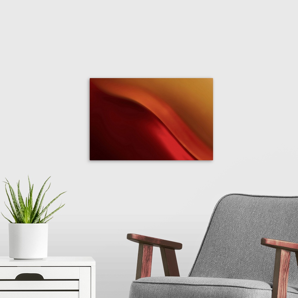 A modern room featuring Abstract photograph of a smooth wave of red light.