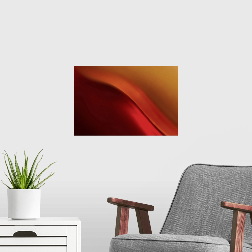 A modern room featuring Abstract photograph of a smooth wave of red light.