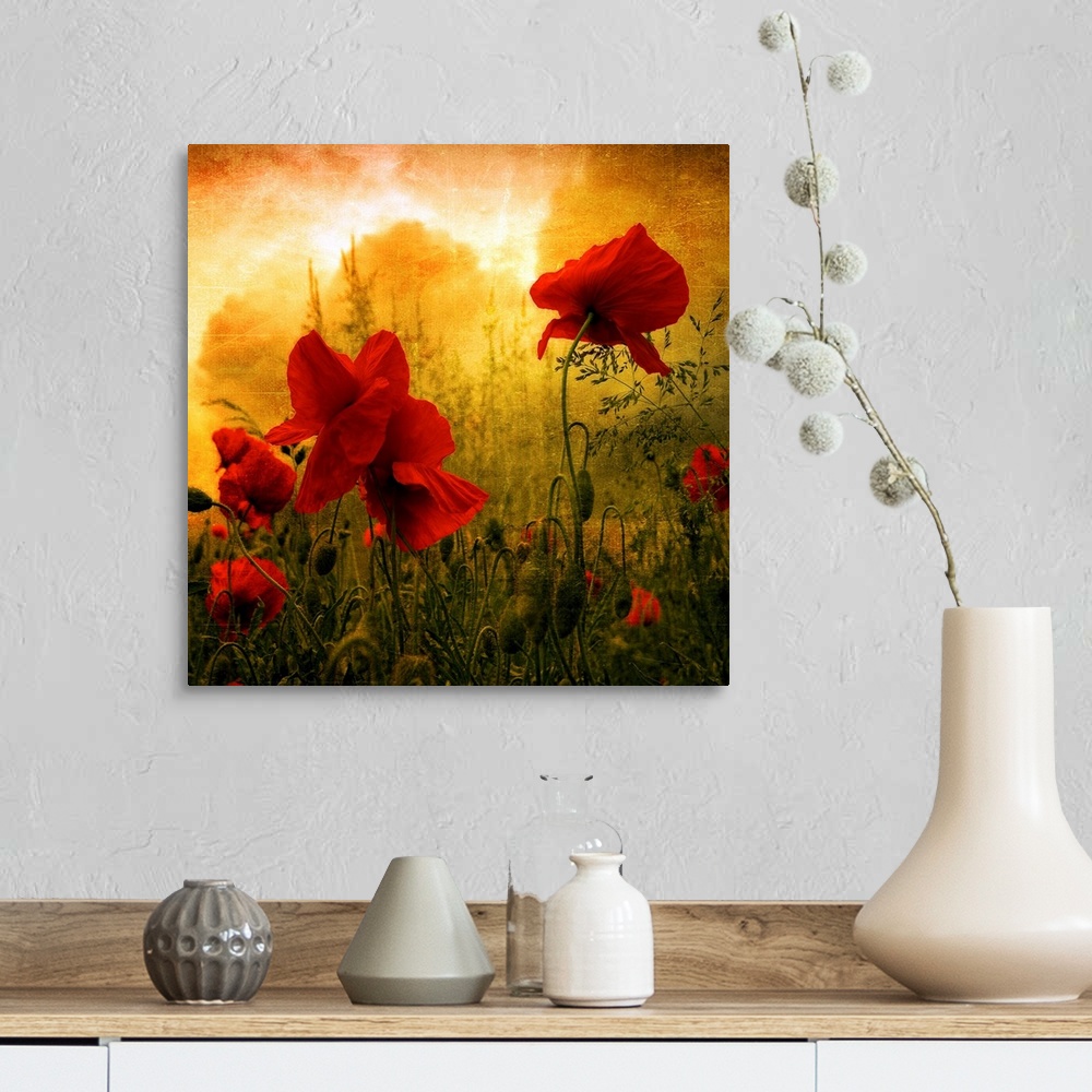 A farmhouse room featuring Giant square photograph composed of a close-up shot of colorful flowers near a forest.