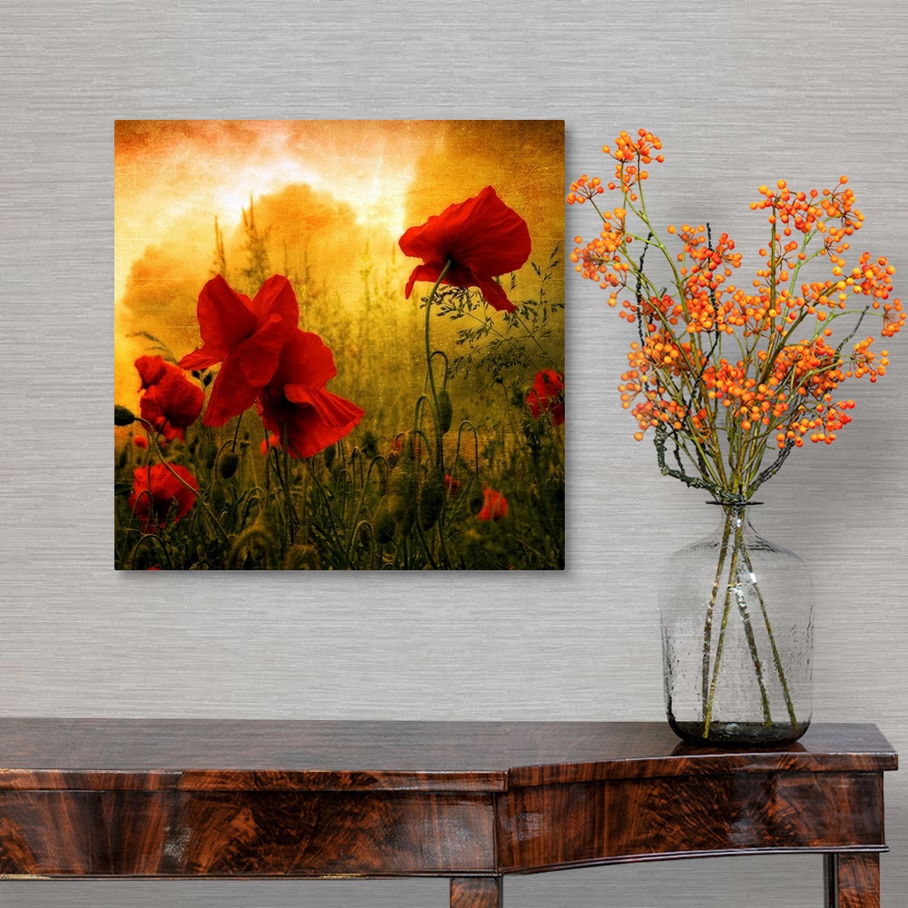 A traditional room featuring Giant square photograph composed of a close-up shot of colorful flowers near a forest.