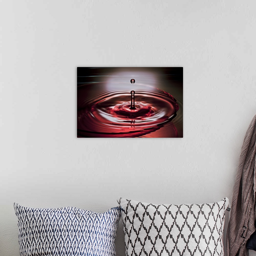 A bohemian room featuring A macro photograph of a water droplet suspended in air after hitting a watery surface.