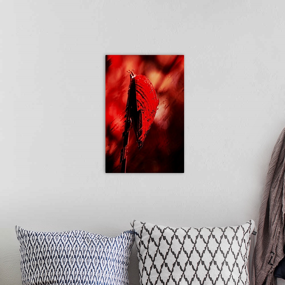 A bohemian room featuring An abstract photo of a red leaf against a blurry background that has been distressed throughout.