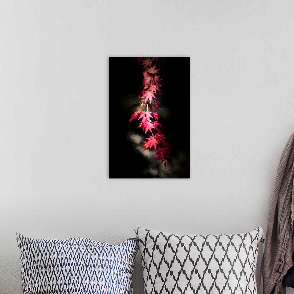 A bohemian room featuring Dark photograph of red Japanese Maple leaves on a branch running from the top to the bottom of th...