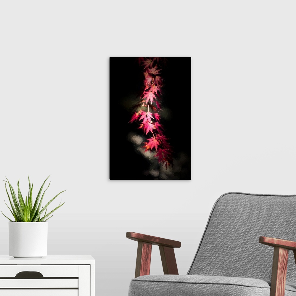A modern room featuring Dark photograph of red Japanese Maple leaves on a branch running from the top to the bottom of th...