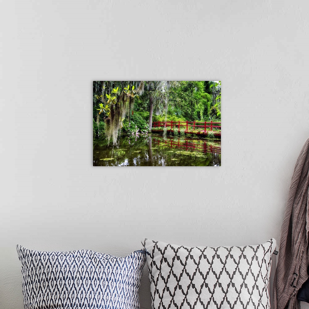 A bohemian room featuring View of a Little Red Footbridge  Over a Pond, Magnolia Plantation
