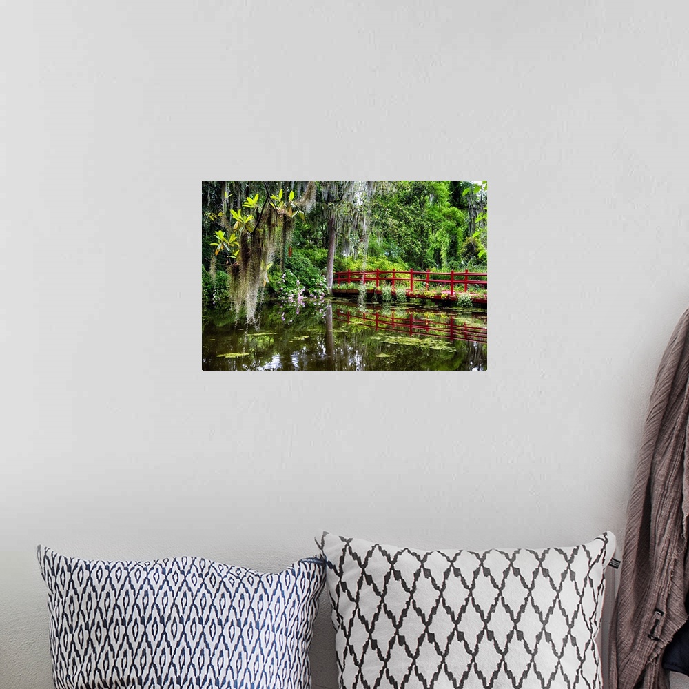 A bohemian room featuring View of a Little Red Footbridge  Over a Pond, Magnolia Plantation