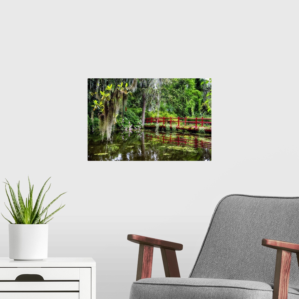 A modern room featuring View of a Little Red Footbridge  Over a Pond, Magnolia Plantation
