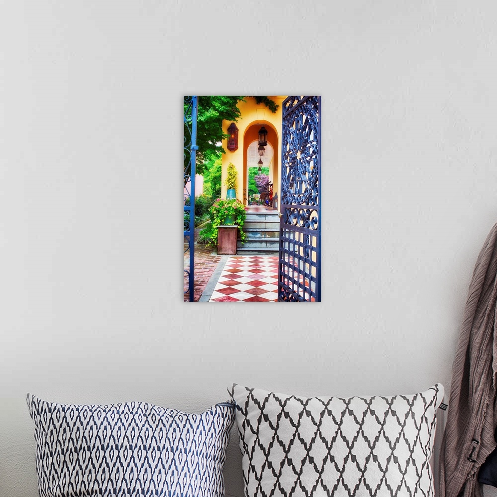 A bohemian room featuring Fine art photo of a patterned walkway in a courtyard in Charleston.