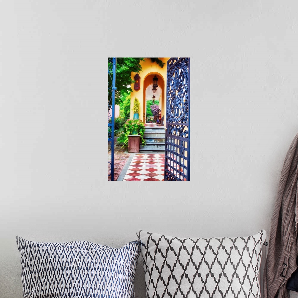 A bohemian room featuring Fine art photo of a patterned walkway in a courtyard in Charleston.