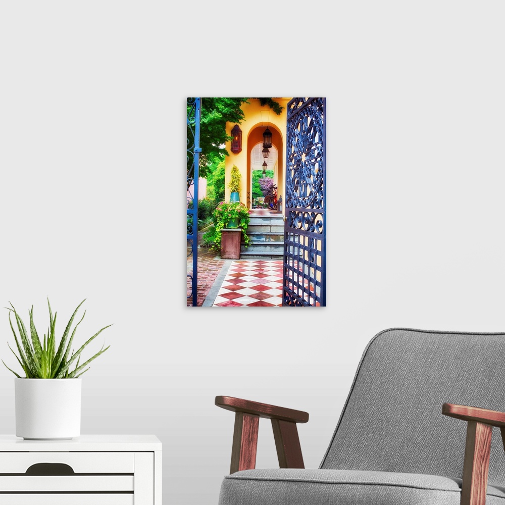 A modern room featuring Fine art photo of a patterned walkway in a courtyard in Charleston.