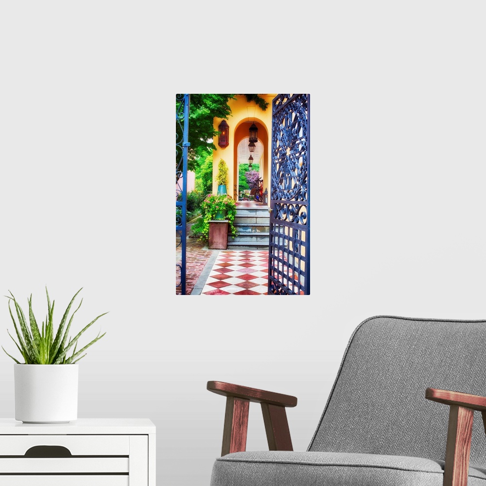 A modern room featuring Fine art photo of a patterned walkway in a courtyard in Charleston.