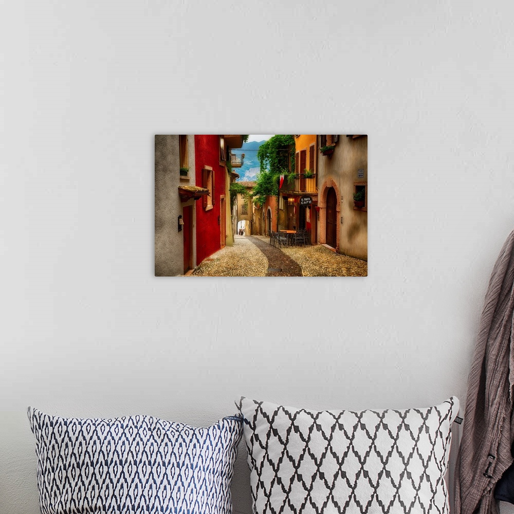 A bohemian room featuring Fine art photo of an alleyway through the shops in Venice, Italy.