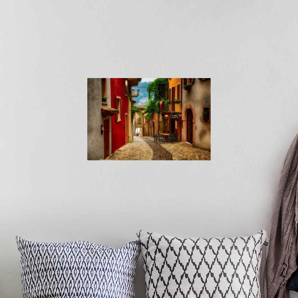 A bohemian room featuring Fine art photo of an alleyway through the shops in Venice, Italy.