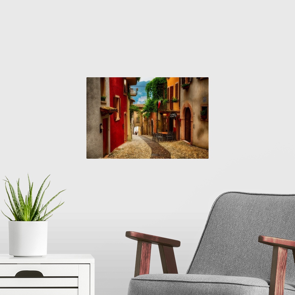 A modern room featuring Fine art photo of an alleyway through the shops in Venice, Italy.