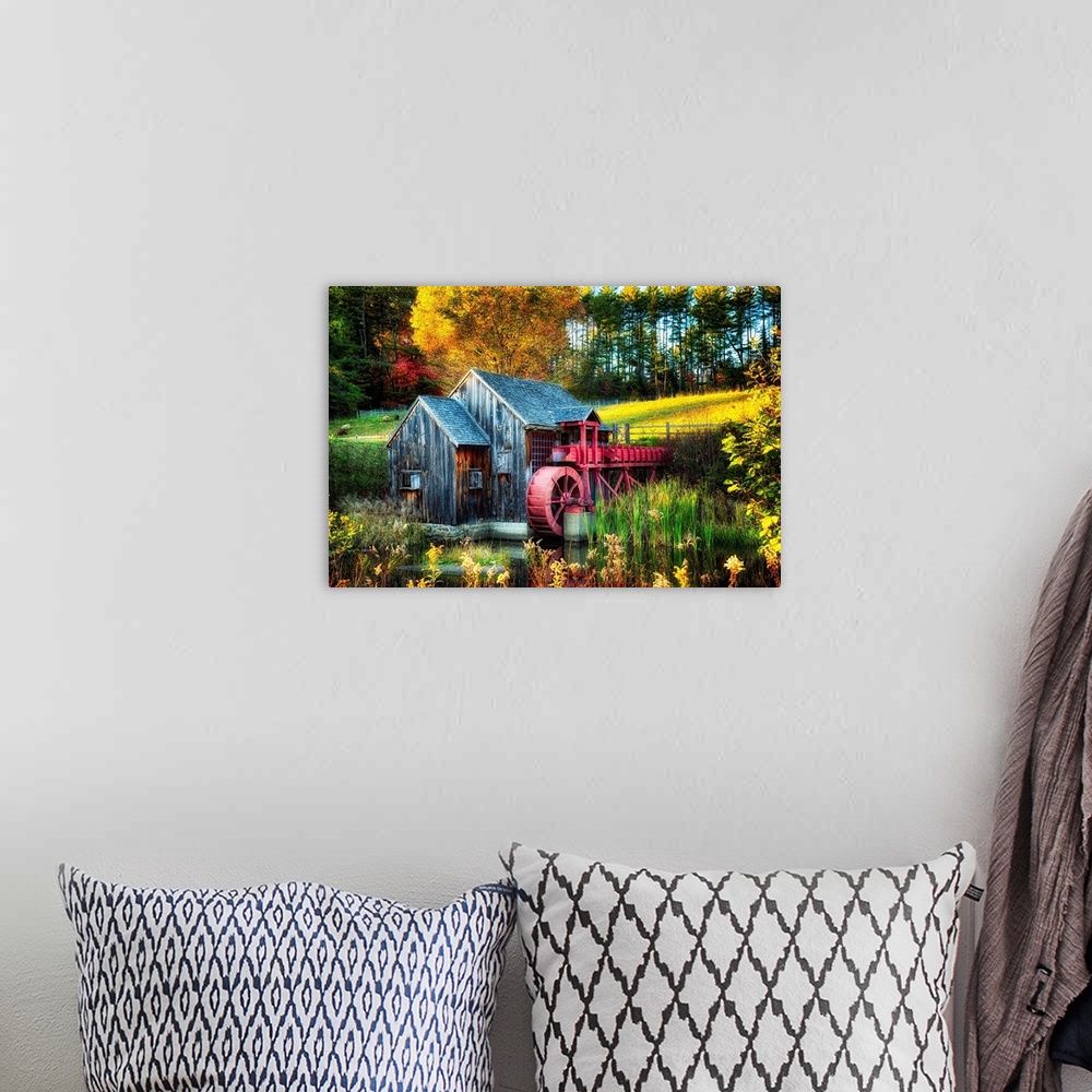 A bohemian room featuring Fine art photo of an old water wheel in the fall in New England.
