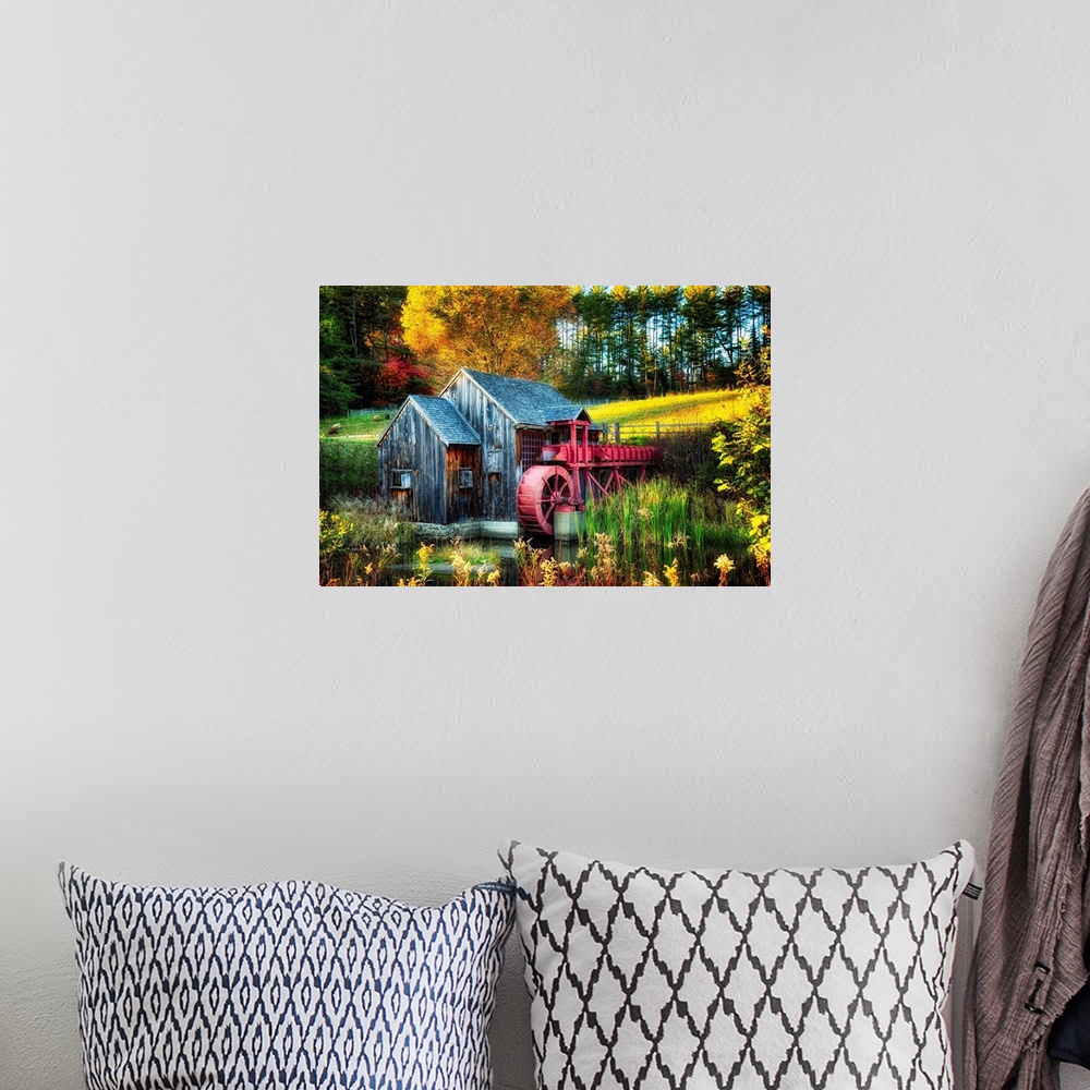 A bohemian room featuring Fine art photo of an old water wheel in the fall in New England.