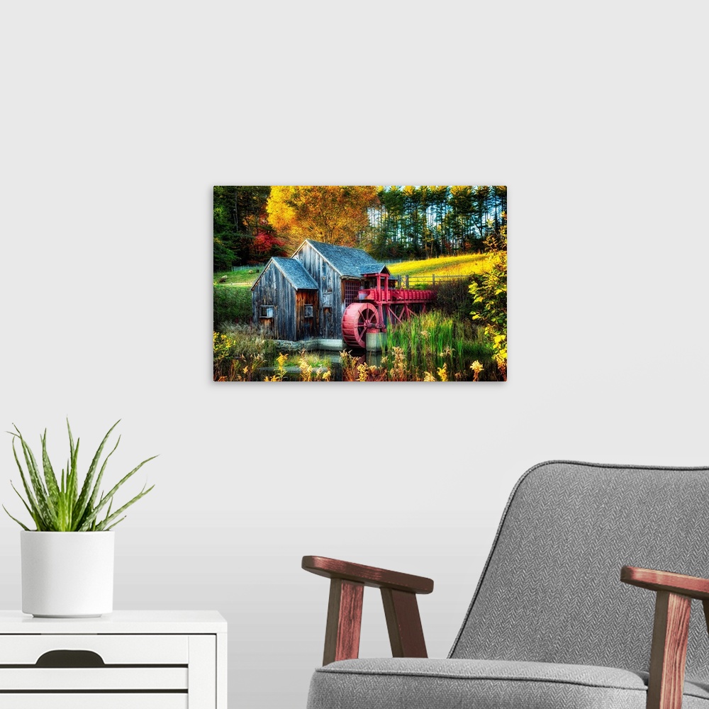 A modern room featuring Fine art photo of an old water wheel in the fall in New England.