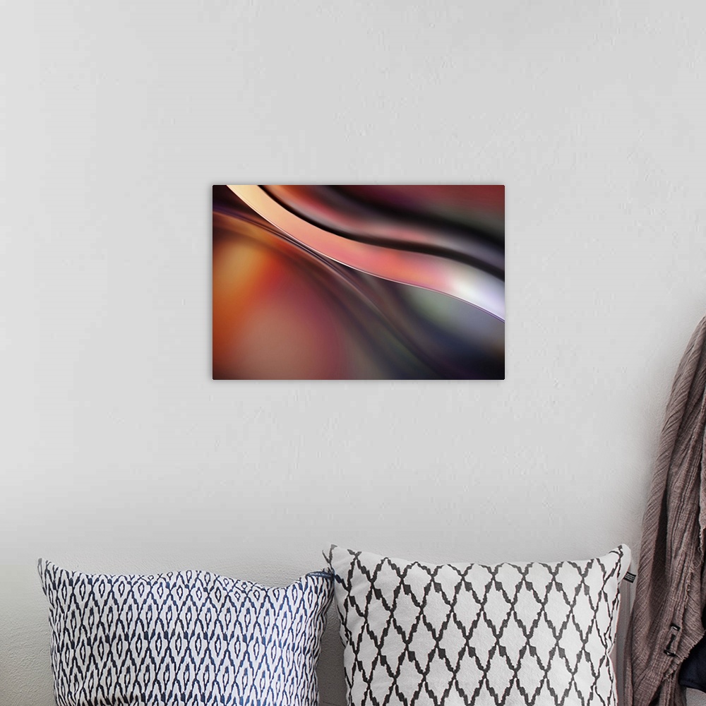 A bohemian room featuring Abstract photograph with orange, magenta, purple and green hues.