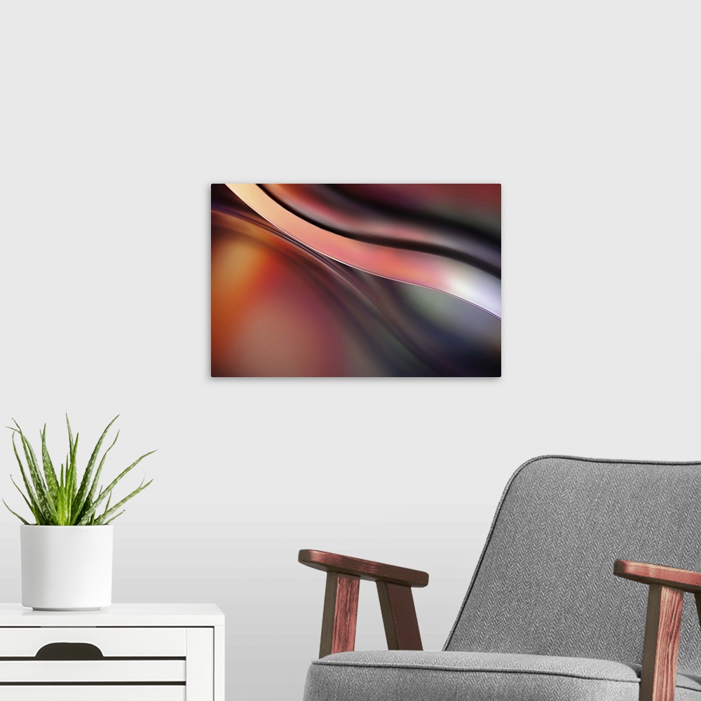 A modern room featuring Abstract photograph with orange, magenta, purple and green hues.