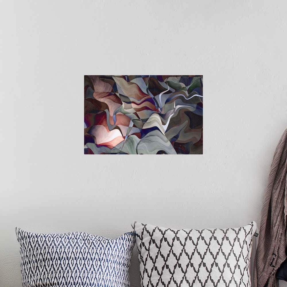A bohemian room featuring Colorful abstract photograph with wavy shapes in hues of blue, red, gray, green, and purple.