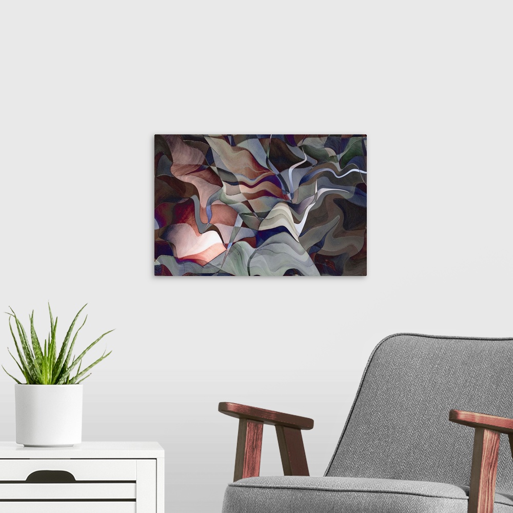 A modern room featuring Colorful abstract photograph with wavy shapes in hues of blue, red, gray, green, and purple.
