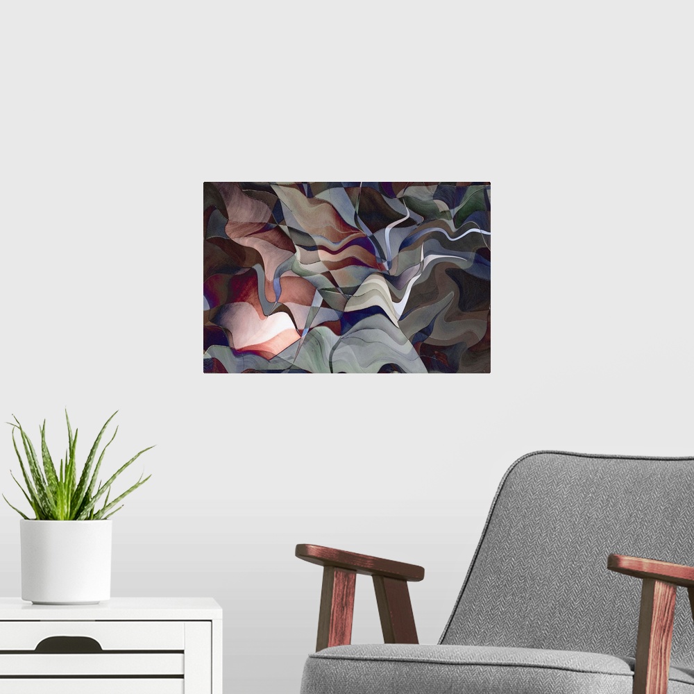 A modern room featuring Colorful abstract photograph with wavy shapes in hues of blue, red, gray, green, and purple.