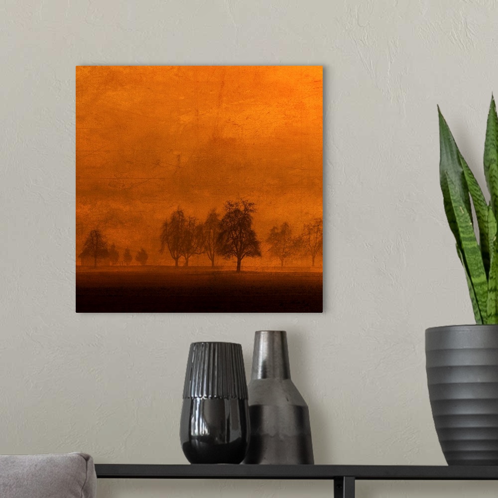 A modern room featuring Relaxing In The Land Of Aztrees On An Orange Background With A Photo Texture