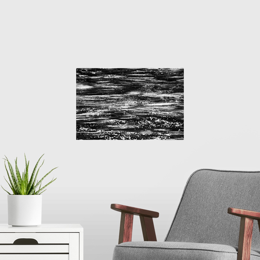 A modern room featuring Black and white abstract image of rushing water in a river.