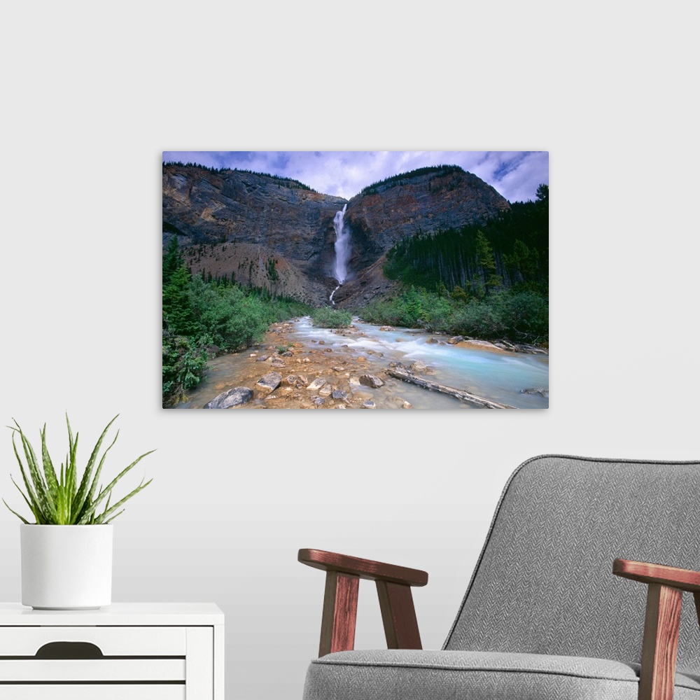 A modern room featuring Low Angle View of a Waterfall, Takkakaw Falls, Yoho National Park, British Columbia, Canada