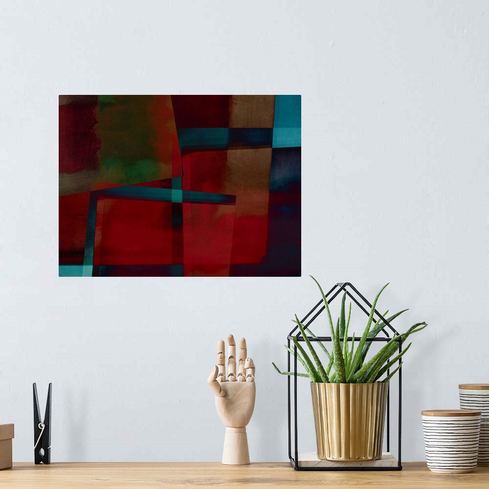 A bohemian room featuring An contemporary abstract expressionist take on autumn reflections in a river in deep rich reds, o...