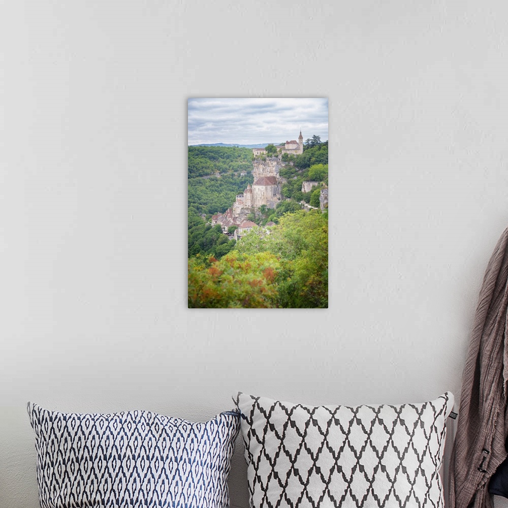 A bohemian room featuring Verical view of Rocamadour old medieval village in the south of France, occitanue area, among tre...