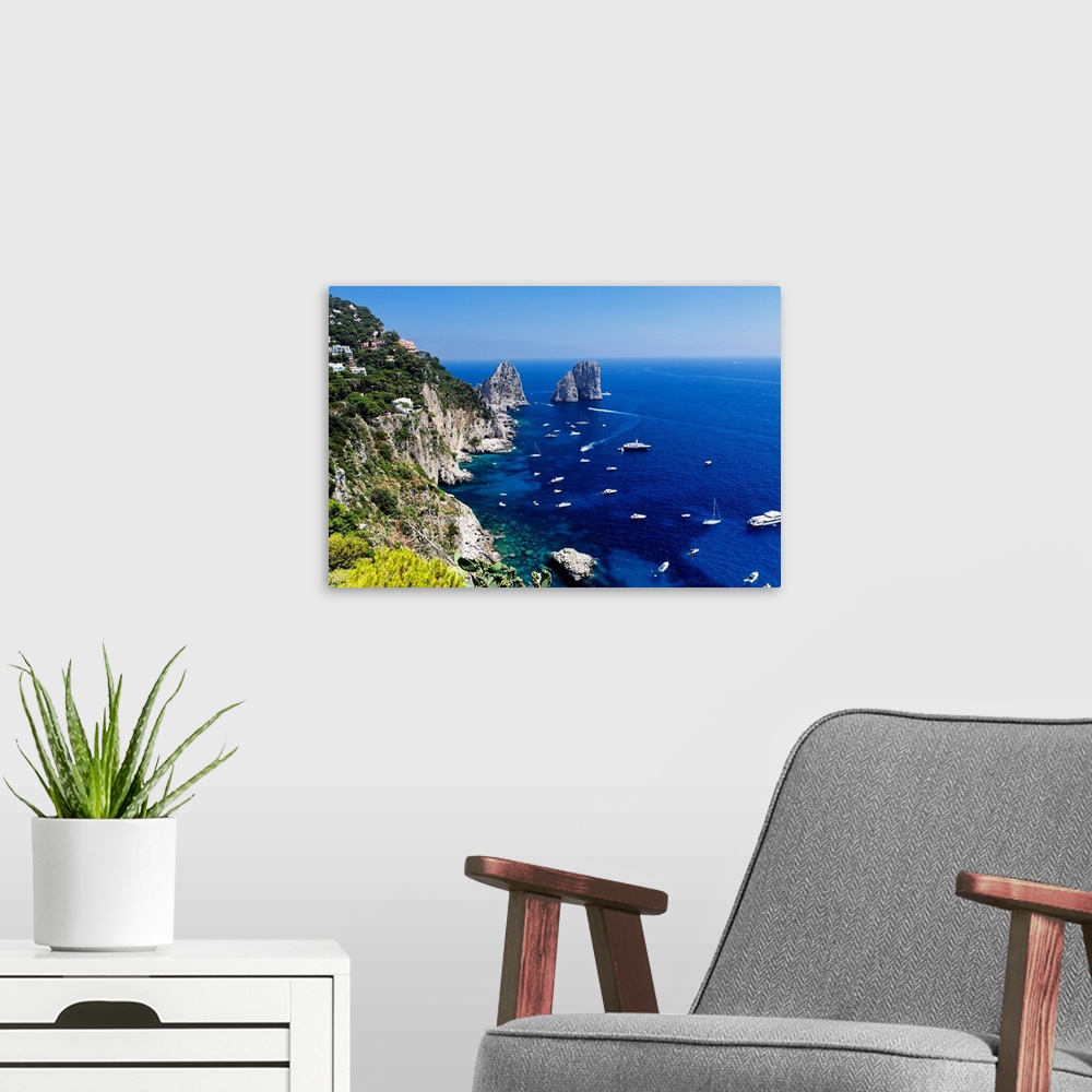 A modern room featuring High Angle View of Coastline, Faraglioni Rocks, Capri, Campania, Italy