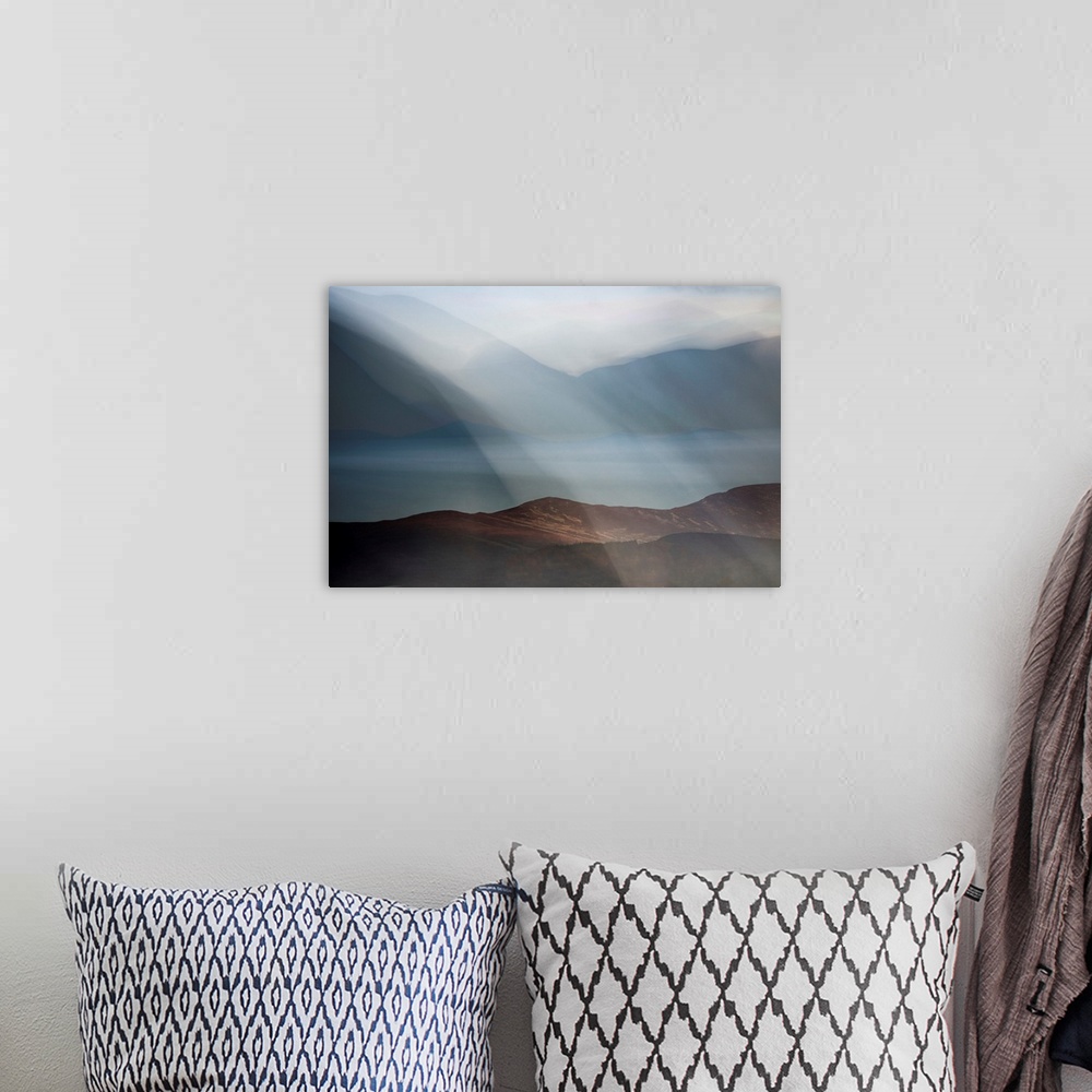 A bohemian room featuring Dreamy landscape photograph of Loch Morlich in Scotland with rolling hills in the background and ...