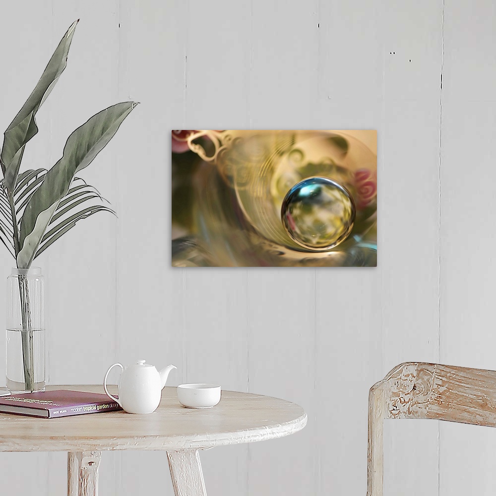 A farmhouse room featuring An abstract macro photograph of a water droplet.