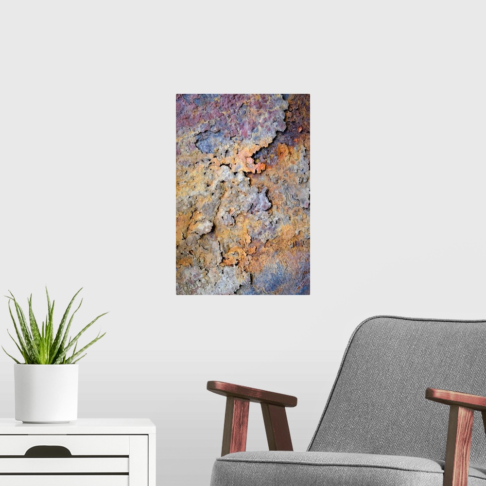 A modern room featuring Fine art photo of a close up of flaking rust.