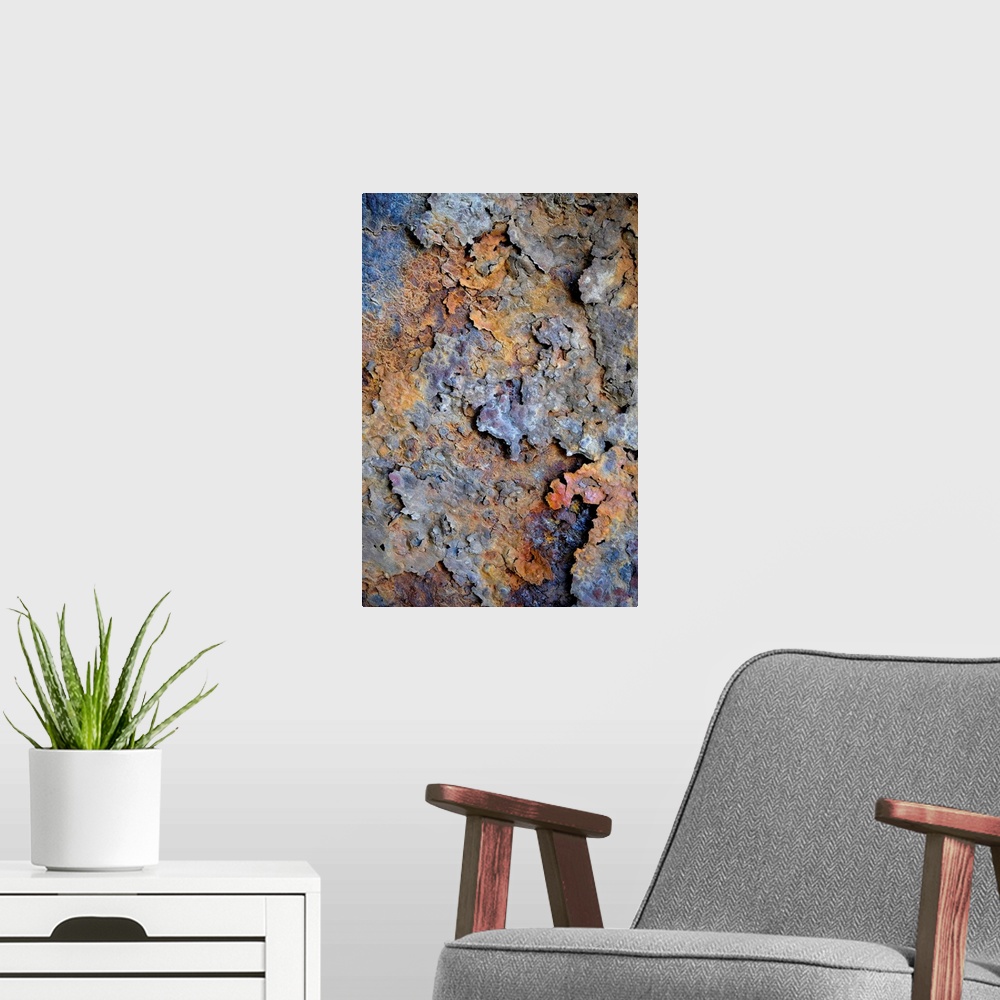 A modern room featuring Fine art photo of a close up of flaking rust.