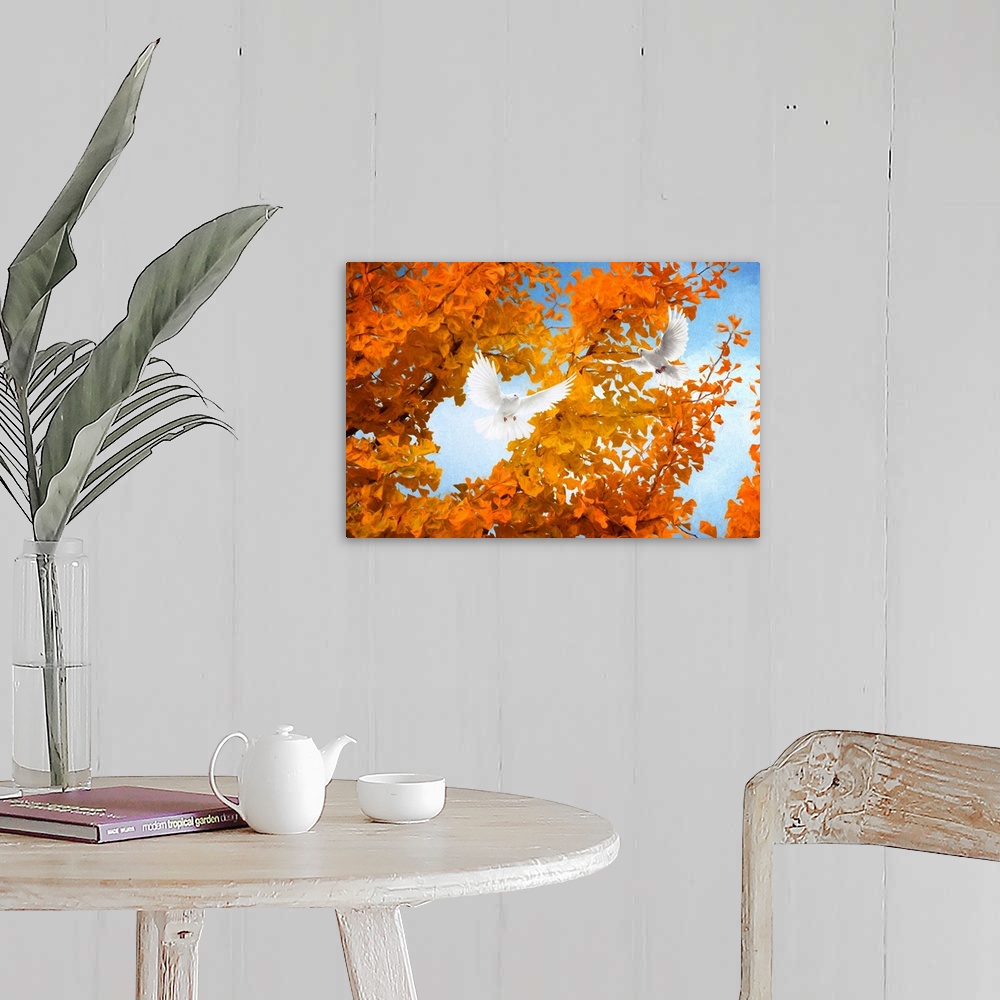 A farmhouse room featuring Fine art photograph of two white doves flying in front of a tree with bright orange leaves.