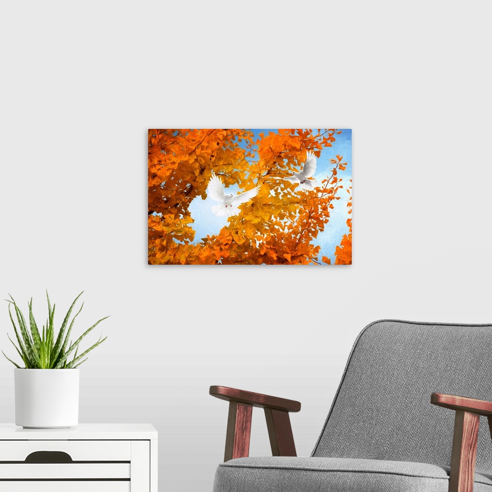 A modern room featuring Fine art photograph of two white doves flying in front of a tree with bright orange leaves.