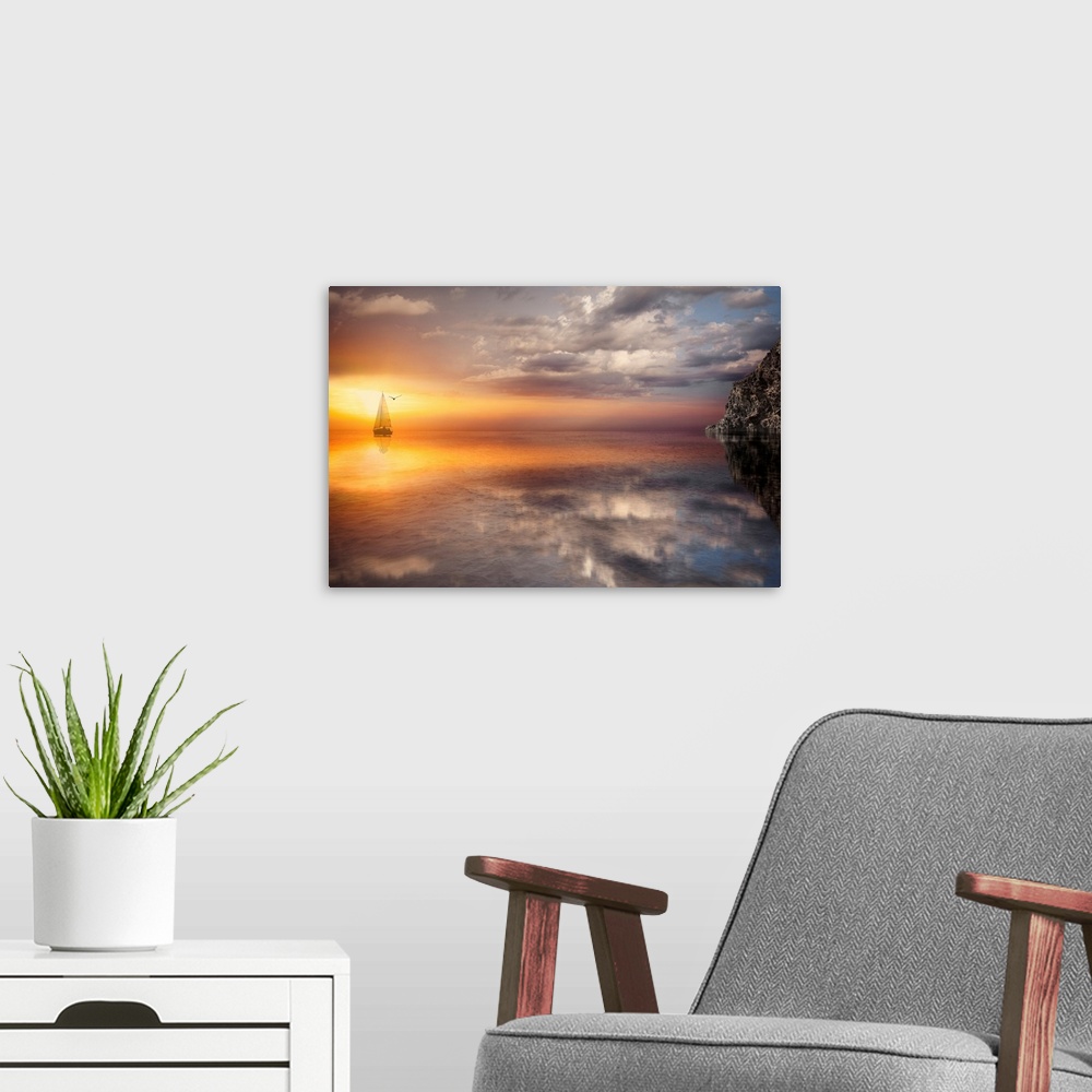 A modern room featuring Photograph of sailboat on ocean with sun and clouds reflection.  There is a silhouette of a bird ...
