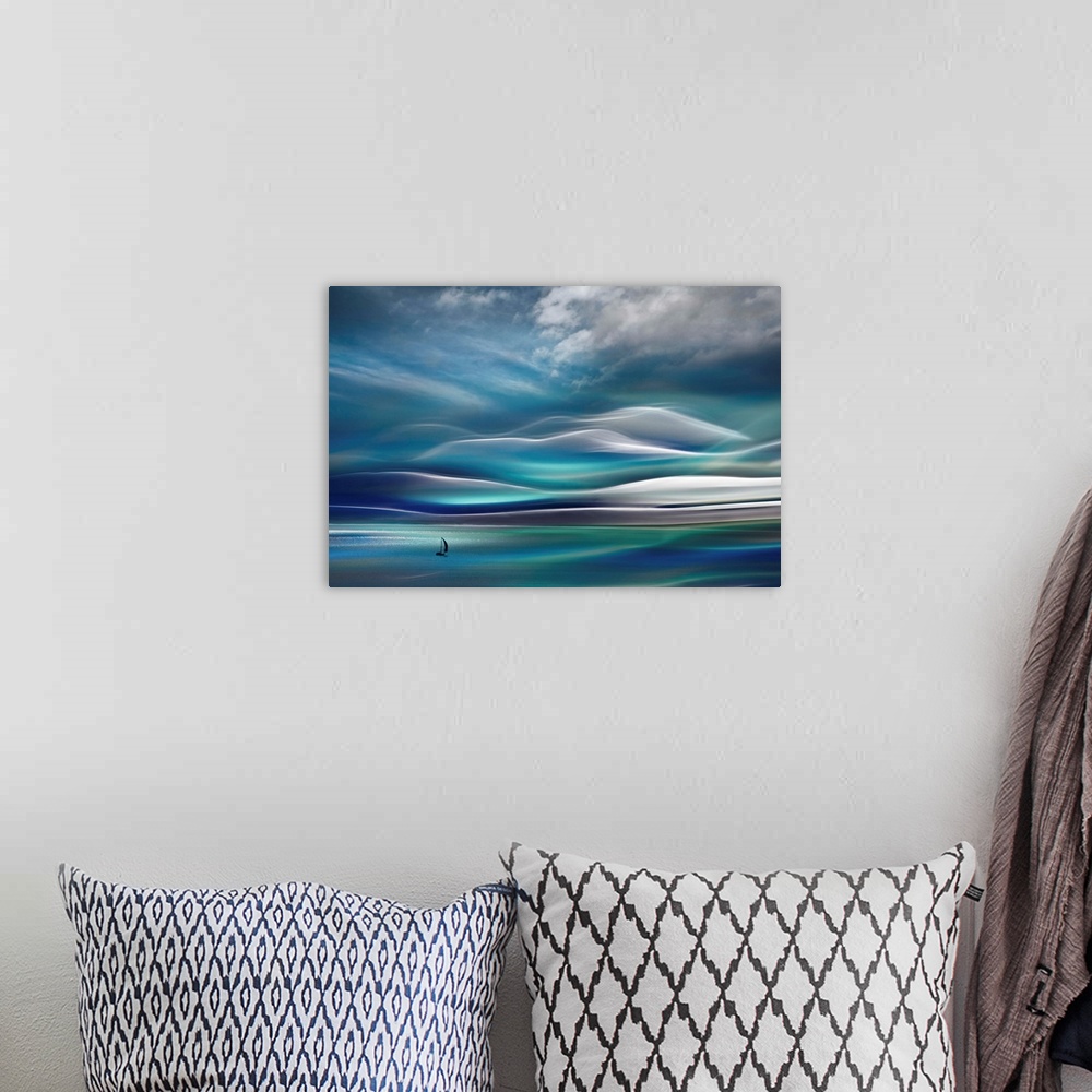 A bohemian room featuring Huge abstract art depicts a lone sailboat traveling across open waters with a mountain in the bac...