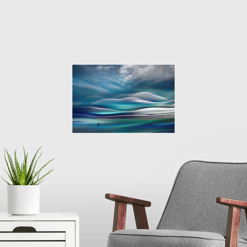 A modern room featuring Huge abstract art depicts a lone sailboat traveling across open waters with a mountain in the bac...