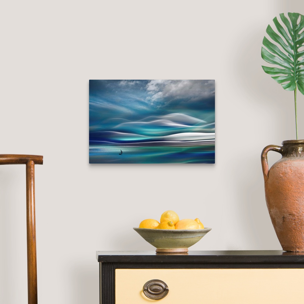 A traditional room featuring Huge abstract art depicts a lone sailboat traveling across open waters with a mountain in the bac...