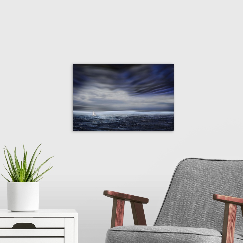 A modern room featuring A small sailboat dwarfed by the vastness of the open ocean, under dark stormclouds.