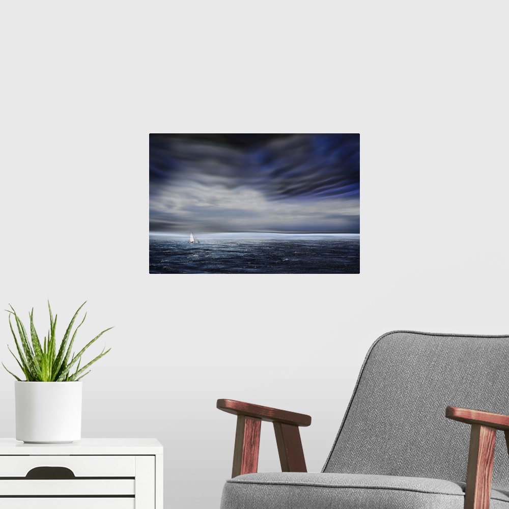 A modern room featuring A small sailboat dwarfed by the vastness of the open ocean, under dark stormclouds.