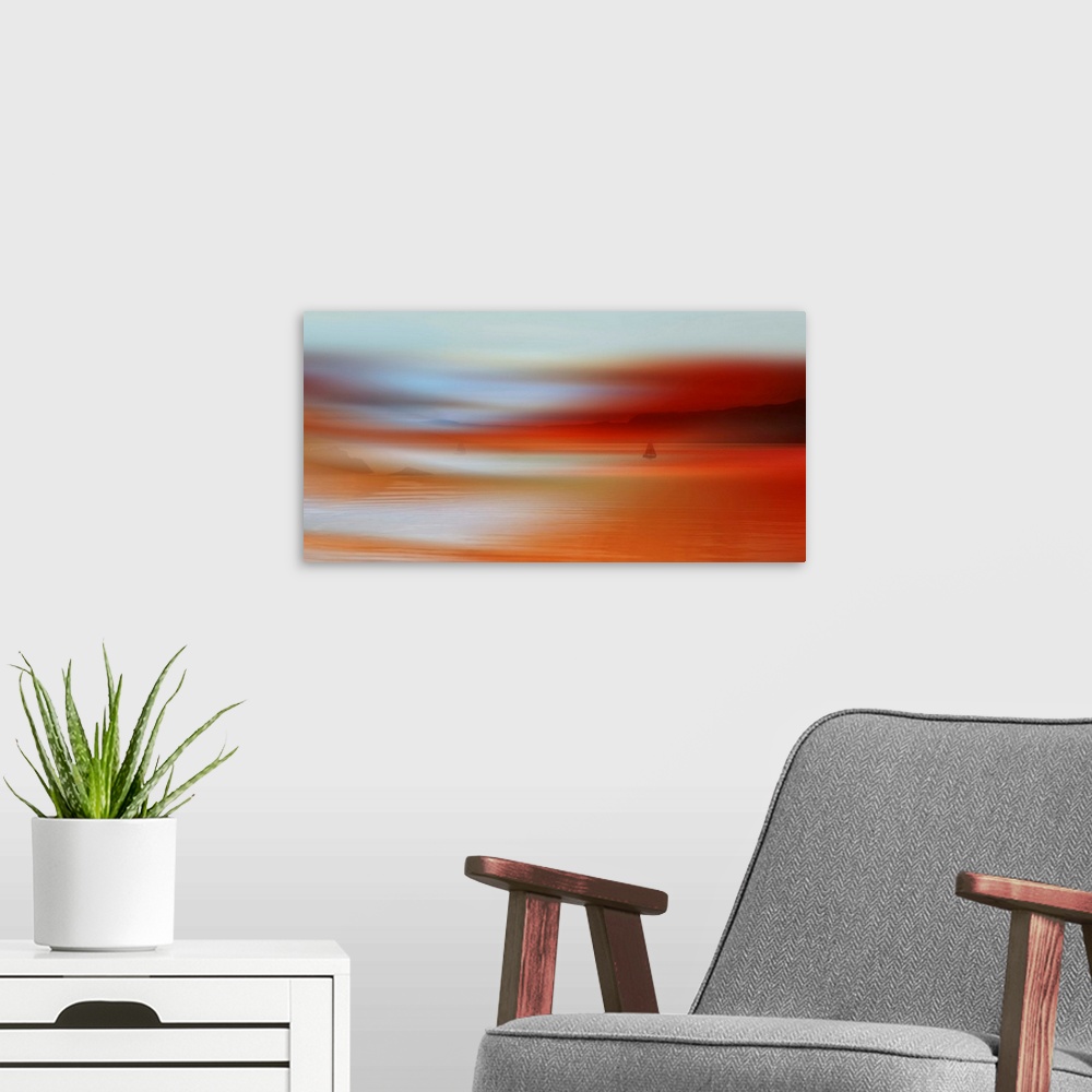 A modern room featuring Conceptual photograph blended with images of sailboats on water with mountains in the background ...