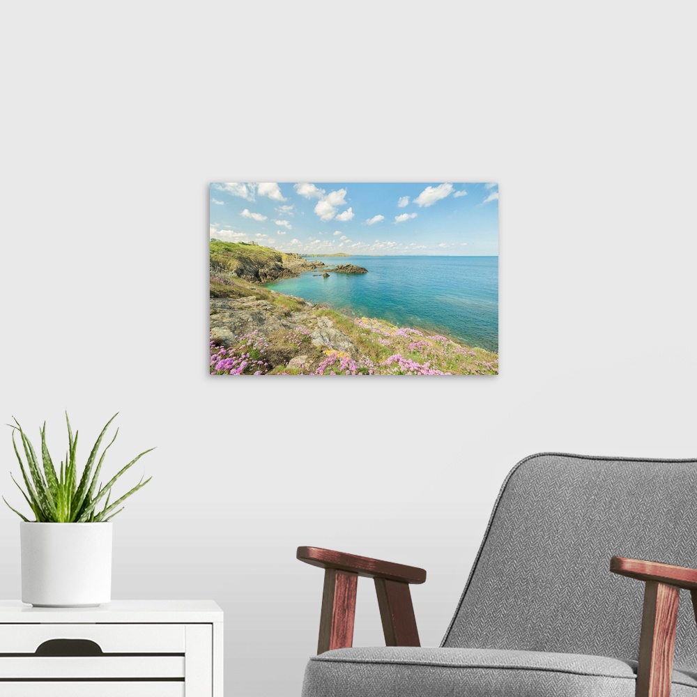 A modern room featuring Pink flowers on the coast of St. Lunaire in northern France, overlooking a turquoise ocean.