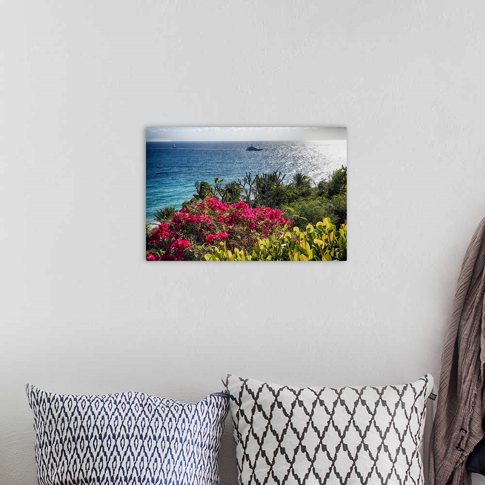 A bohemian room featuring A photograph of a seascape from a viewpoint with flowers in the foreground.