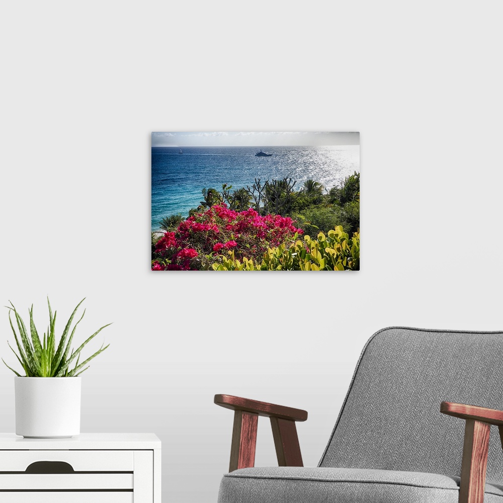 A modern room featuring A photograph of a seascape from a viewpoint with flowers in the foreground.